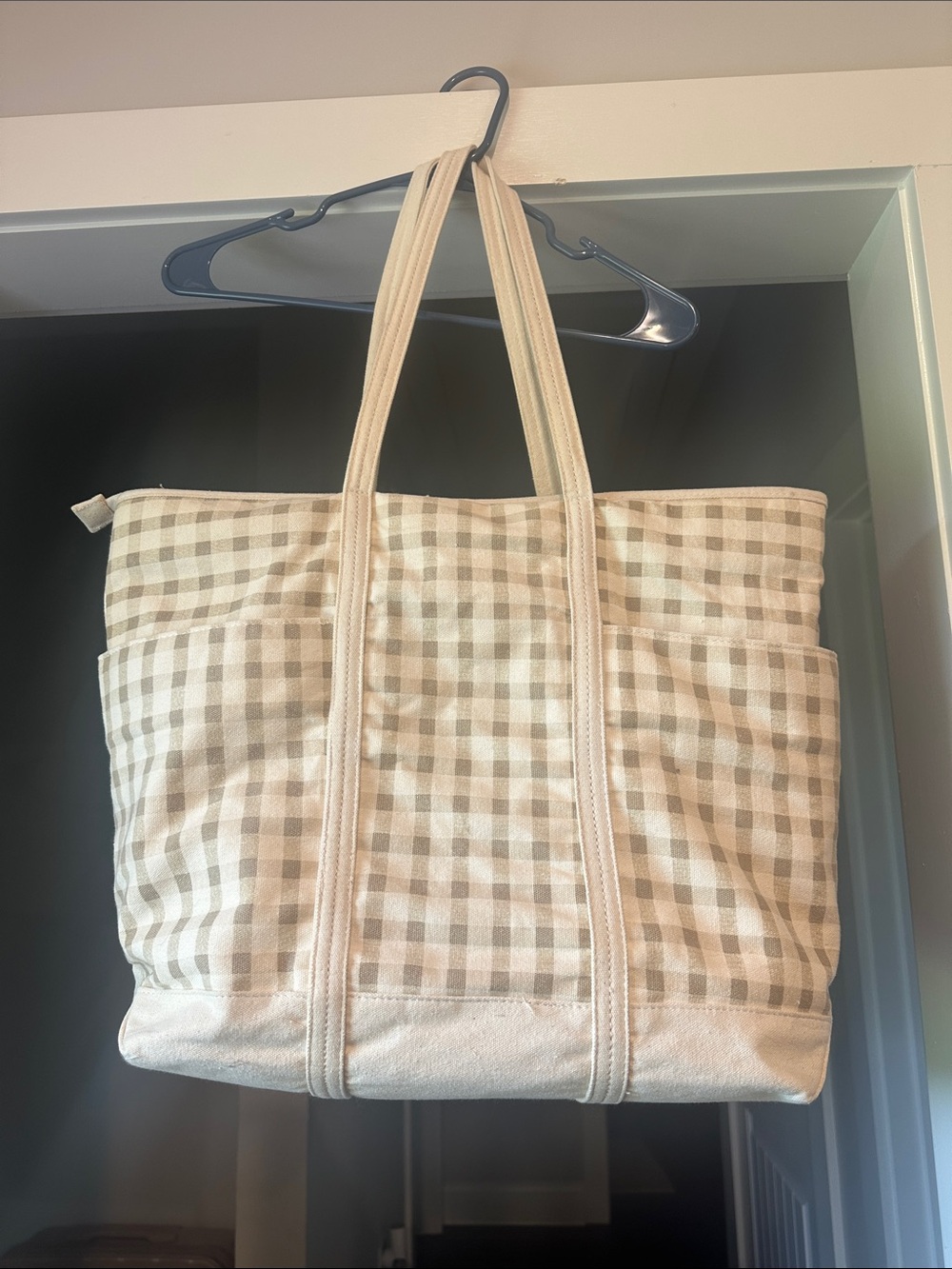 Neutral Gingham Canvas Tote Bag with Dual Shoulder Straps
